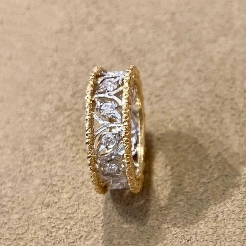 Classic Gold & Silver Carved Diamond Leaf Adjustable Ring-Maryam Jewelry