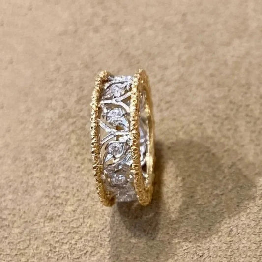 Classic Gold & Silver Carved Diamond Leaf Adjustable Ring-Maryam Jewelry