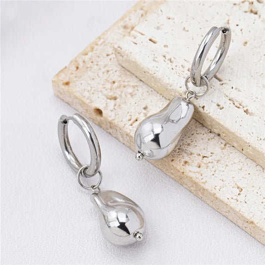 Retro Silver Smooth Pear Drop Accent Hoop Earrings-Maryam Jewelry