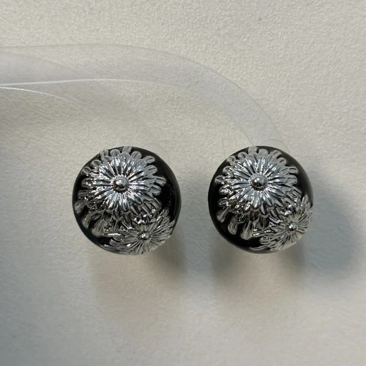 Classic Black Vintage Silver Flower Design Earrings-Maryam Jewelry