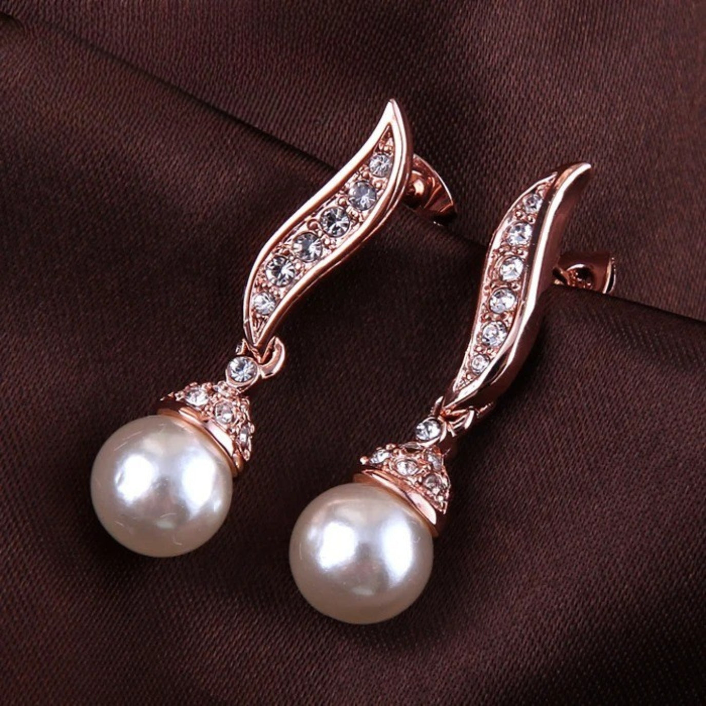 Vintage Rose Gold Pearl Drop & Sparkling Crystal Earrings-Maryam Jewelry