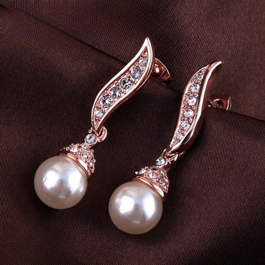 Vintage Rose Gold Pearl Drop & Sparkling Crystal Earrings-Maryam Jewelry