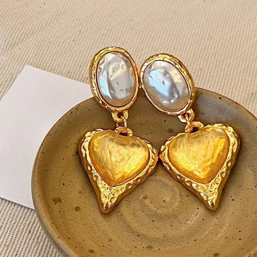 Vintage Pearl & Gold Heart Design Earrings-Maryam Jewelry