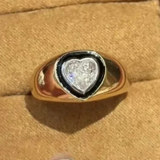 Retro Gold & Heart-Cut Diamond Black Enamel Adjustable Ring-Maryam Jewelry