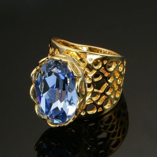 Classic Gold Blue Gem & Intricate Cut-Out Design Ring-Maryam Jewelry