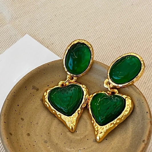 Timeless Gold Green Heart-Shaped Gemstones & Oval Earrings-Maryam Jewelry