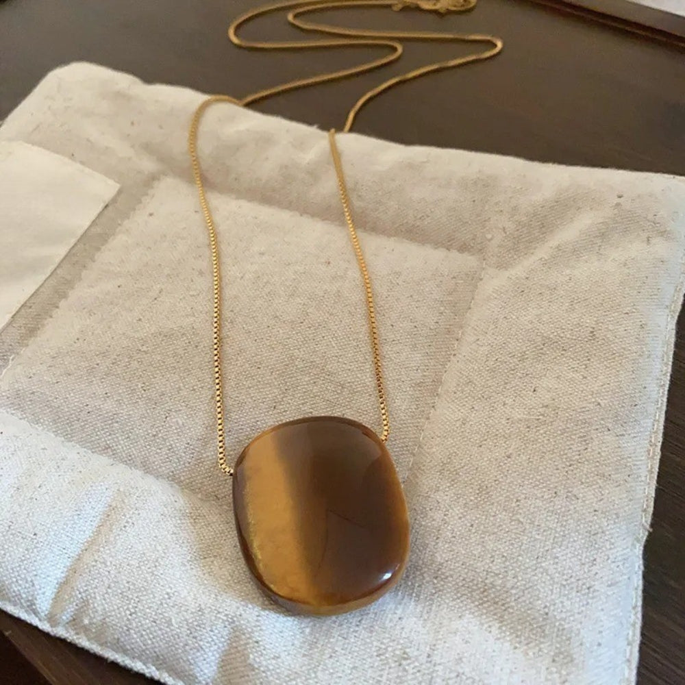 Vintage Oval Tiger Eye Stone Pendant Long Necklace-Maryam Jewelry