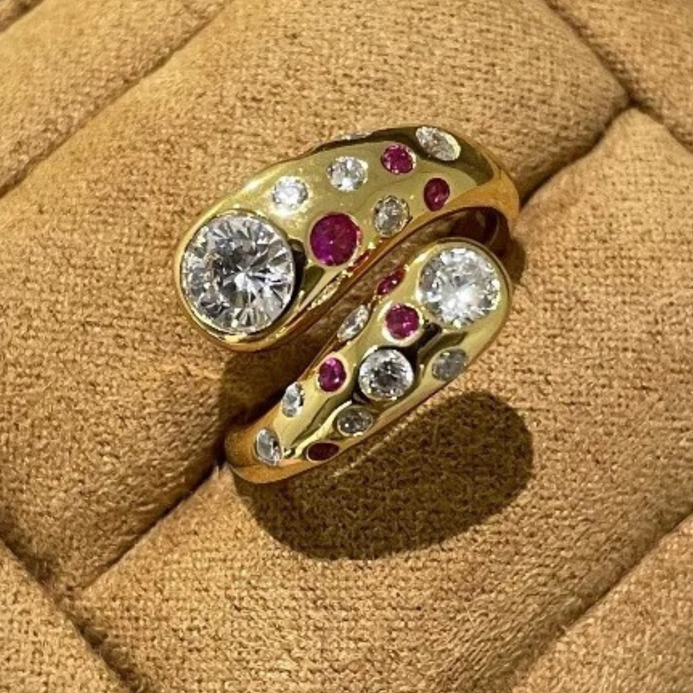 Vintage Gold & Swirl Crystal Round Diamond Adjustable Ring-Maryam Jewelry