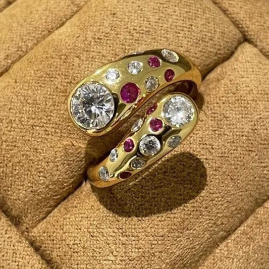 Vintage Gold & Swirl Crystal Round Diamond Adjustable Ring-Maryam Jewelry