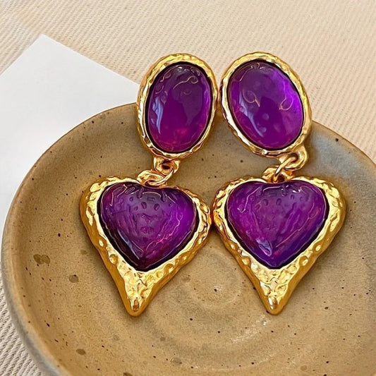 Classic Gold Purple Heart-Shaped Gemstone Earrings-Maryam Jewelry