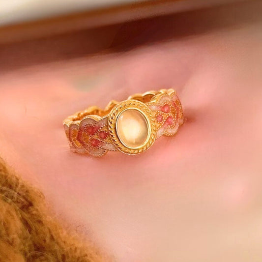 Vintage Gold & Unique Pink Crystal Oval Blossom Adjustable Ring-Maryam Jewelry