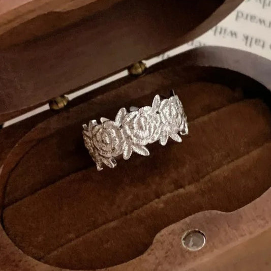 Classic Silver Rose Pattern Band Adjustable Ring-Maryam Jewelry