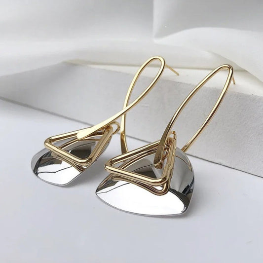 Retro Gold Triangular Silver Pendant & Curved Hook Earrings-Maryam Jewelry