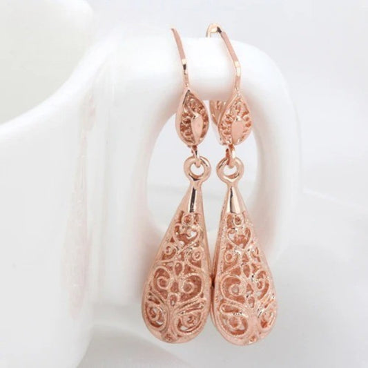 Vintage Rose Gold Scrollwork Filigree Teardrop Earrings-Maryam Jewelry