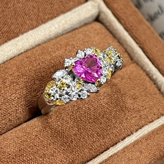 Vintage Floral Pink Heart-Shaped Gemstone Adjustable Ring-Maryam Jewelry