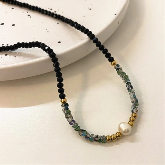 Gold & Pearl Black Bead Necklace-Maryam Jewelry
