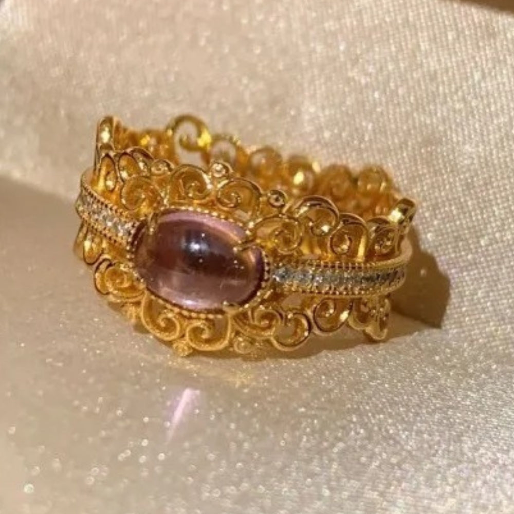 Classic Gold & Purple Oval Gemstone Filigree Crystal Adjustable Ring-Maryam Jewelry