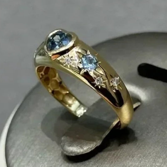 Vintage Gold Sea Blue Gemstone Heart-Shaped Star Adjustable Ring-Maryam Jewelry