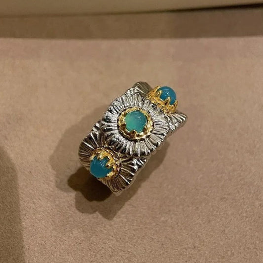 Classic Silver & Gold Floral Design Turquoise Adjustable Ring-Maryam Jewelry