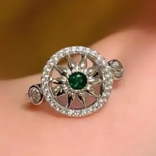 Classic Silver & Green Gemstone Sunflower Adjustable Ring-Maryam Jewelry