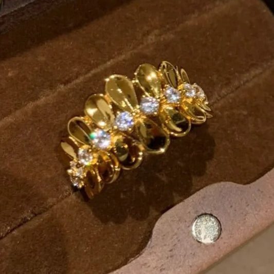 Vintage Gold & Diamond Floral Studded Shiny Leaf Adjustable Ring-Maryam Jewelry