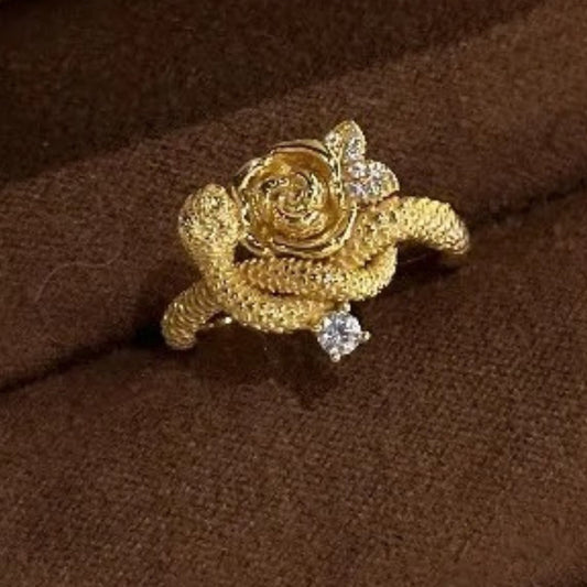 Classic Gold Snake Entwined Rose Flower Adjustable Ring-Maryam Jewelry
